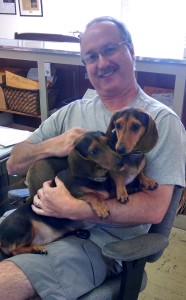 Paul our letterpress guru with the flying aces,  Stella and Buster